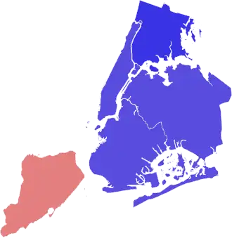Uitslagen per borough De Blasio: ■&nbsp;70–80% ■&nbsp;80–90% Lhota ■&nbsp;50–60%
