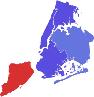 Uitslagen per borough De Blasio: ■&nbsp;60–70% ■&nbsp;70–80% Malliotakis: ■&nbsp;70–80%