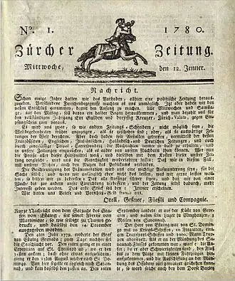 De voorpagina van de eerste uitgave van de Neue Zürcher Zeitung uit 1780.