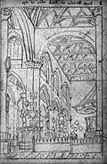 Deze tweede tekening van het interieur, naar een origineel van De Blieck, toont het schip vanuit het koor. Opmerkelijk zijn de zichtbare houten dakconstructie en de vele wapenborden waarop de familiewapens en namen stonden van de mensen die in de kerk begraven werden.