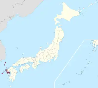 Kaart van Japan met Nagasaki gemarkeerd