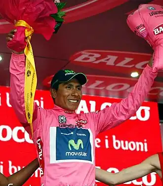 Quintana op het podium als winnaar van de Ronde van Italië 2014.