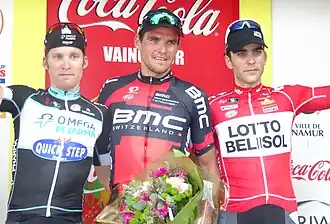 Jan Bakelants (3e), Greg Van Avermaet (1e) en Tony Gallopin (2e).