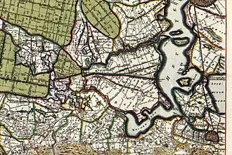 De Nauernasche vaart op (een uitsnede van) de kaart van 'T HOOGH-HEEMRAETSCHAP VAN DE UYTWATERENDE SLUYSEN IN KENNEMERLANT ENDE WEST-FRIESLANT, Amsterdam 1682-1683, vervaardigd door landmeter Johannes Dou, graveur Coenraet Decker, en lettersnijder Abraham Deur.