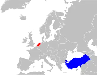 Kaart met daarop Nederland en Turkije