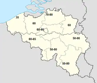 Kaart met neerslaghoeveelheden in mm voor de periode 11 november-14 november. (Bron: KMI)