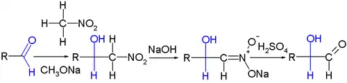 Voorbeeldreactie van nitromethaan met een aldehyde