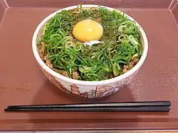 Gyudon met negi en een rauw ei