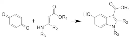 Algemeen reactieverloop van de Nenitzescu-indoolsynthese