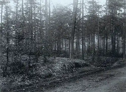 De spoorlijn ~ voor 1920 met neolithische omwalling uit de Michelsbergcultuur (Tweebergenweg).[2]
