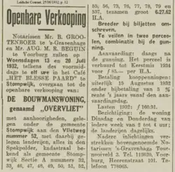 Oud krantenartikel over de veiling van boerderij "Overvliet"