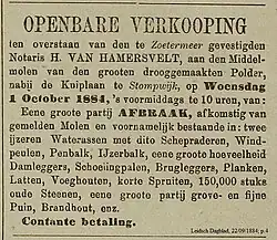 Artikel uit 1884 over verkoop van sloopmateriaal van de middenmolen in de polder.
