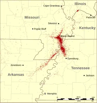 Seismische zone van New Madrid, schokken van 1974 tot 2011; totaal op kaart: 6057