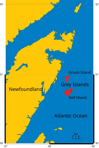 Kaart van de Grey-eilanden met aanduiding van Bell Island. Shepherd Island ligt net ten westen van Bell Island en is te klein om op deze kaart zichtbaar te zijn.