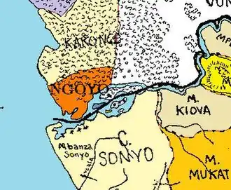 Kaart van het Koninkrijk Soyo (aangduid als Sonyo) rond 1648.