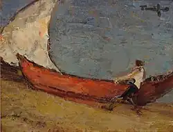 Visser met boot aan de zee