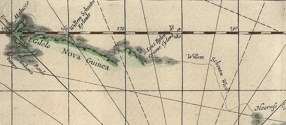 Route vanaf de Hoornse Eilanden langs de noordkust van Nieuw-Guinea.