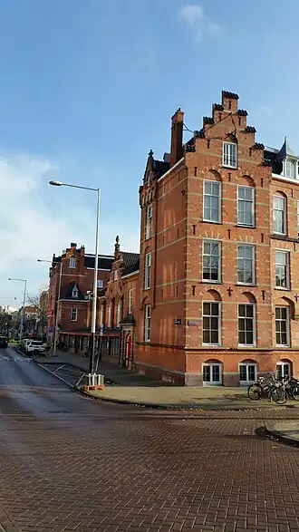 Het gebouw gezien vanaf de Koekjesbrug (november 2019)