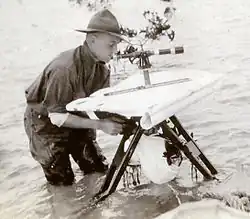 Meetkundige met een meettafel met vizierliniaal