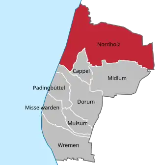 Ligging van Nordholz in de gemeente Wurster Nordseeküste