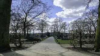 Overzicht begraafplaats met direct rechts perken A I en A III en direct links perken B I en B II