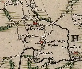 Kaart uit 1664 met Zuidwelle. De melding 'vergaen' wijst er op dat het dorp is verdwenen.