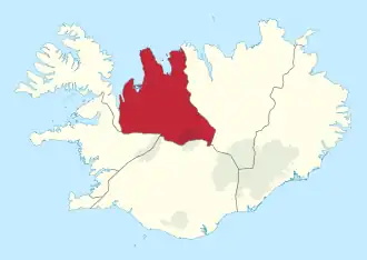 Ligging van Norðurland vestra (rood) binnen IJsland