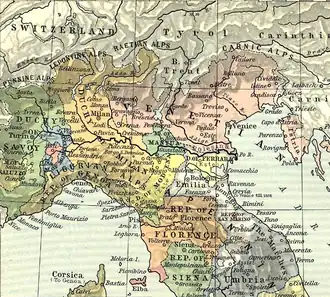 Noord-Italië in 1494, in 1508 had Lodewijk XII Sforza verdreven uit het hertogdom Milaan en dit bij Frankrijk gevoegd.