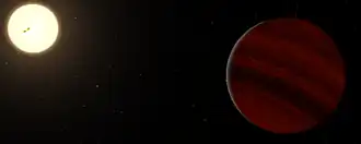 Illustratie van Nu Ophiuchi en haar component, een bruine dwerg.