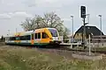 ODEG Stadler GTW VT 646 043 in station Fohrde als RB 51 op weg naar Rathenow (2012)