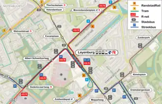 Lijnen van HTM en EBS in de omgeving van het ov-knooppunt Leyenburg (situatie per 3 januari 2021).