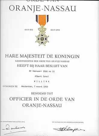 Oorkonde officier Oranje Nassau