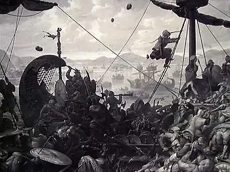 De slag om Hafrsfjord, geschilderd door Ole Peter Hansen