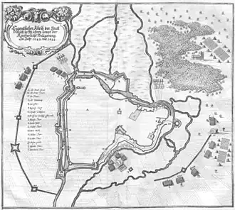 Kaart van de belegering van Olomouc door Keizerlijke troepen.