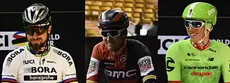 Peter Sagan, Greg Van Avermaet en Sep Vanmarcke tijdens de voorstelling in het Kuipke