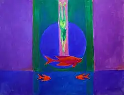 Olieverfschilderij van Piet Pijn op papier. Onder Water Rond. 60 x 80 centimeter, midden vorige eeuw. Schilderij in bezit van de Stichting Piet Pijn.