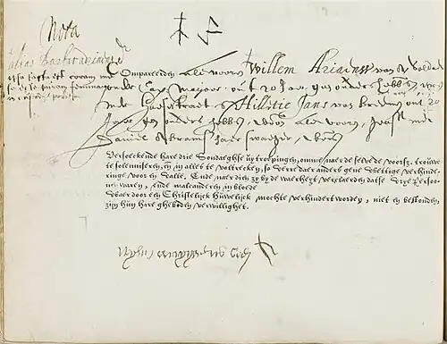 Compareerden als voorn Willem Ariaenss van A, soldaat Onder cap. Maijoor out 20 jaer, geen ouders hebb[ende], won[ende] In de Haesestraet & Hilletie Jan van Breemen out 20 Jaer geen ouders hebb[dende[, woo[nende] als vooren, geasst met Daniel Abramsz haer swaeger wo[nende] In de marge links staat: Alias Barbar Adriaensdr En daaronder staat in het latijn: Ipsa fassa est coram Se esse puram feminam in custodiis positja (Ze heeft eerder bekend een zuivere vrouw te zijn en is in verzekerde bewaring gesteld)