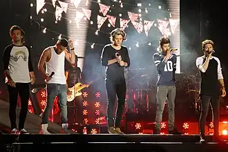 De bandleden van One Direction, v.l.n.r. Louis Tomlinson, Liam Payne, Harry Styles, Zayn Malik, Niall Horan