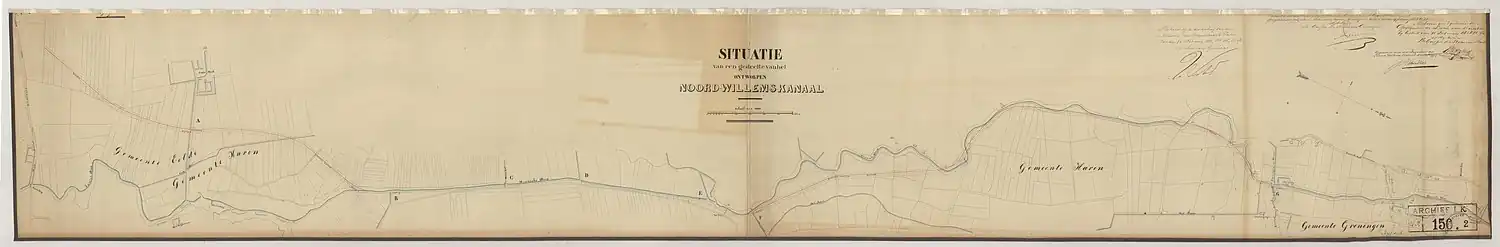 Het in 1858 goedgekeurde ontwerp voor het tracé van het noordelijke deel van het Noord-Willemskanaal (Groningen-De Punt) met de bestaande loop van het Hoornsediep.