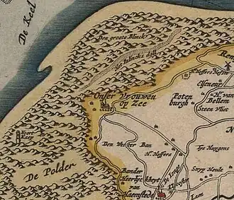 Kaart uit 1650 waarop de kapel nog staat vermeld