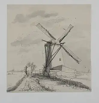 De Oostvlietmolen in 1851, getekend in oostindische inkt door A.E. Kouwels