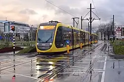 Tramstel 6003 van de Uithoflijn op de kruising met de Universiteitsweg, op de openingsdag; 14 december 2019.