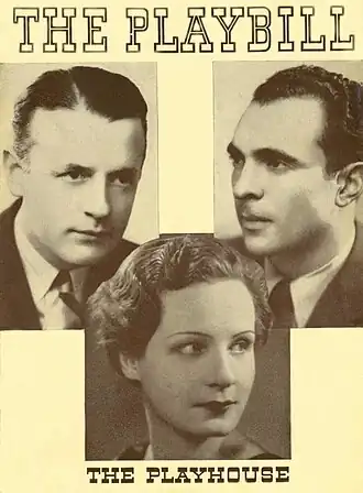 Playbill-voorpagina van de originele Broadway-productie uit 1935 van Three Men on a Horse met William Lynn, Sam Levene en Shirley Booth