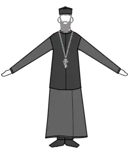 Priester met grijze soutane, a Kontorasson, en een Skoefia.