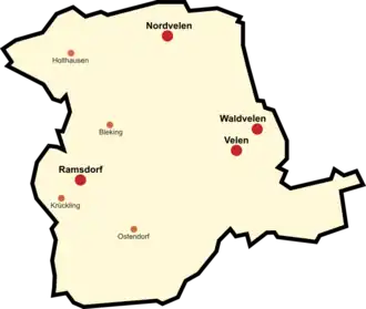 Ortsteile (rood) en gehuchten (oranje) in de gemeente Velen