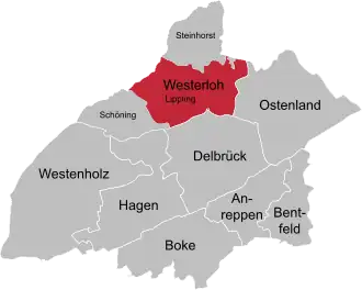 Ligging van Lippling in de gemeente Delbrück