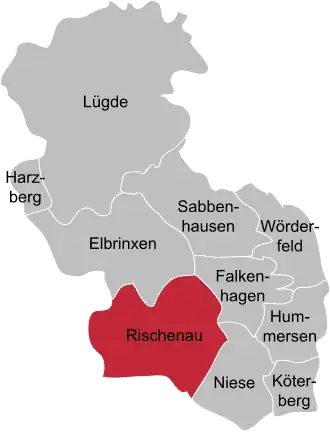 Ligging van Rischenau in de gemeente Lügde