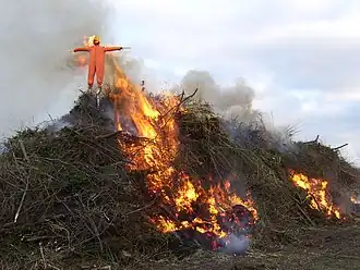 Bij het Osterfeuer (paasvuur) in Seestermühe wordt een stropop verbrand