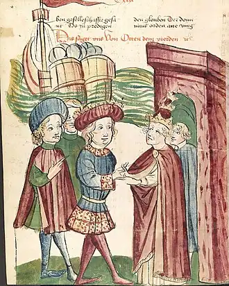 Otto IV en Paus Innocentius III reiken elkaar de hand (ca. 1450), Historia septem sapientum uit de werkplaats van Diebold Lauber, Universitätsbibliothek (Heidelberg)