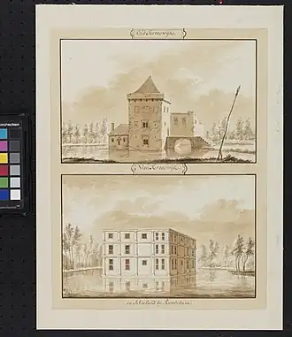 Boven: het middeleeuwse kasteel. Onder: het 17e-eeuwse herenhuis.